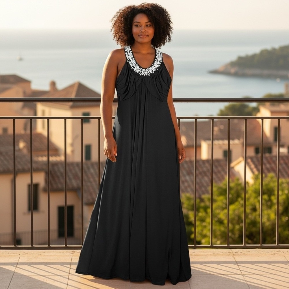 Soft Surroundings Black‎ Beaded Halter Maxi Dress Formal Gown Size Small Stretch